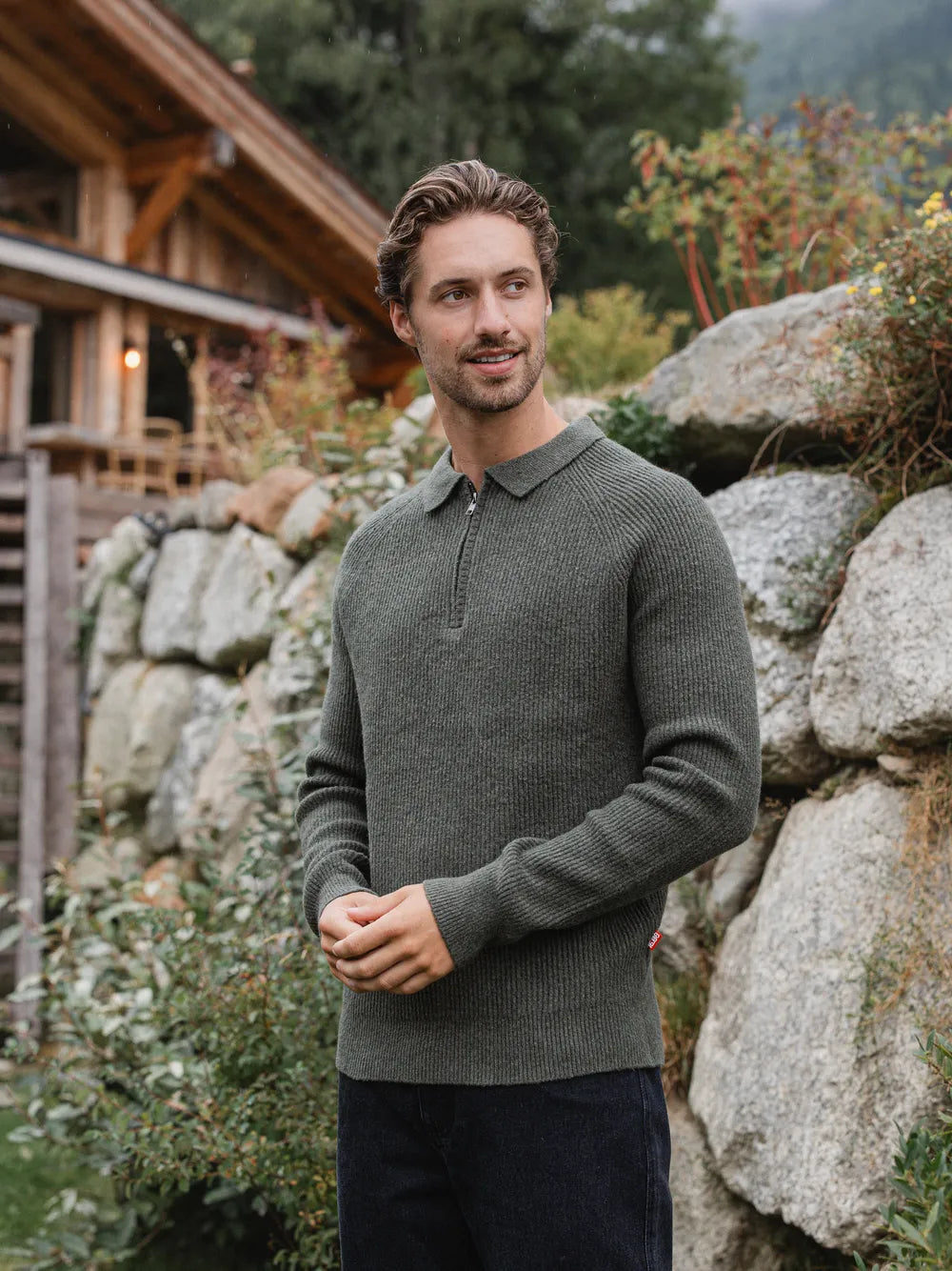 Grüner Strick Oversized Polo Pullover