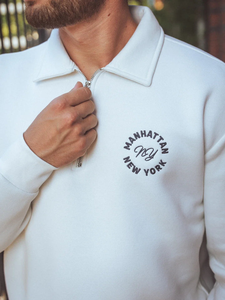 Weißer Polo-Zipper-Pullover