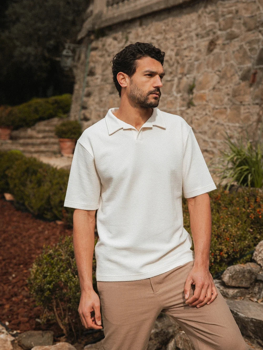 Beige Struktur Sommer V-Polo