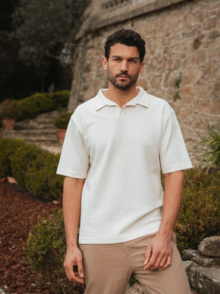 Beige Struktur Sommer V-Polo