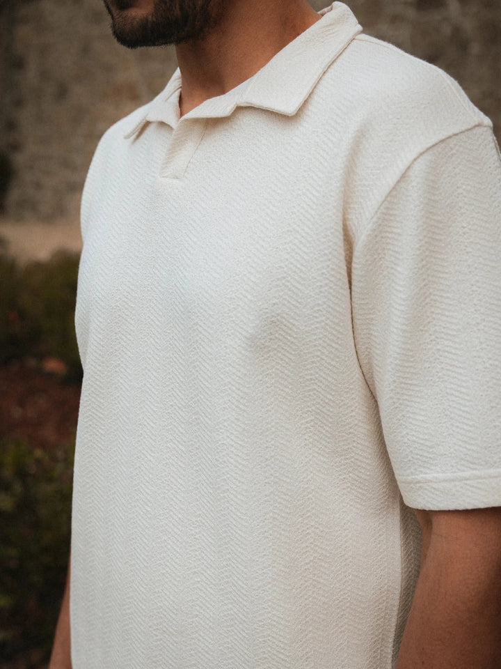 Beige Struktur Sommer V-Polo