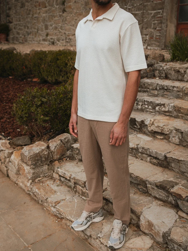 Beige Struktur Sommer V-Polo